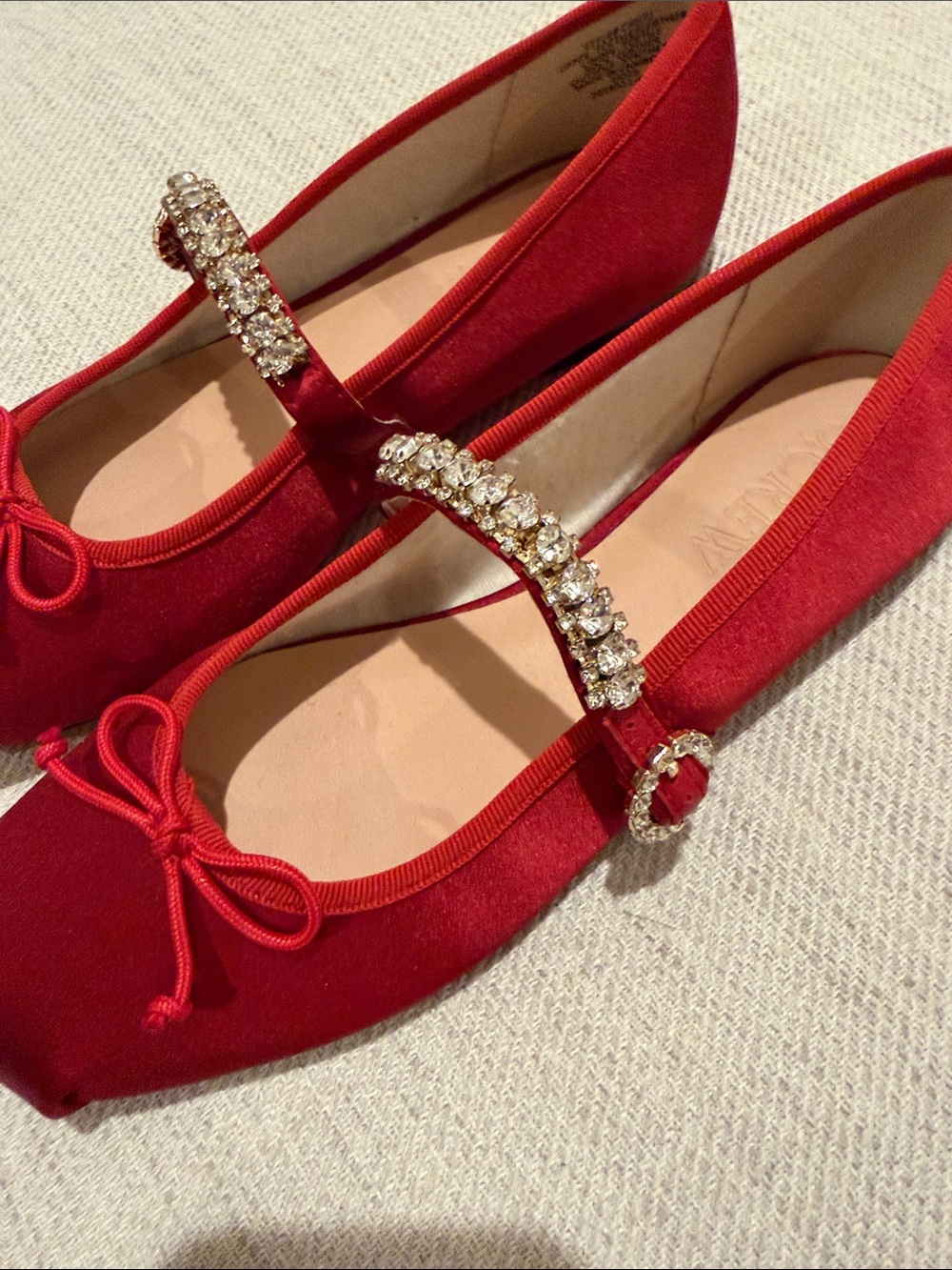 J. Crew Red Satin Mary Jane Flats with Crystal Strap and Bow - size 8.5 - Picture 4 of 10